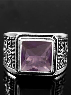 Sterling-Style Men's 925 Silver Ring with Square Amethyst Stone